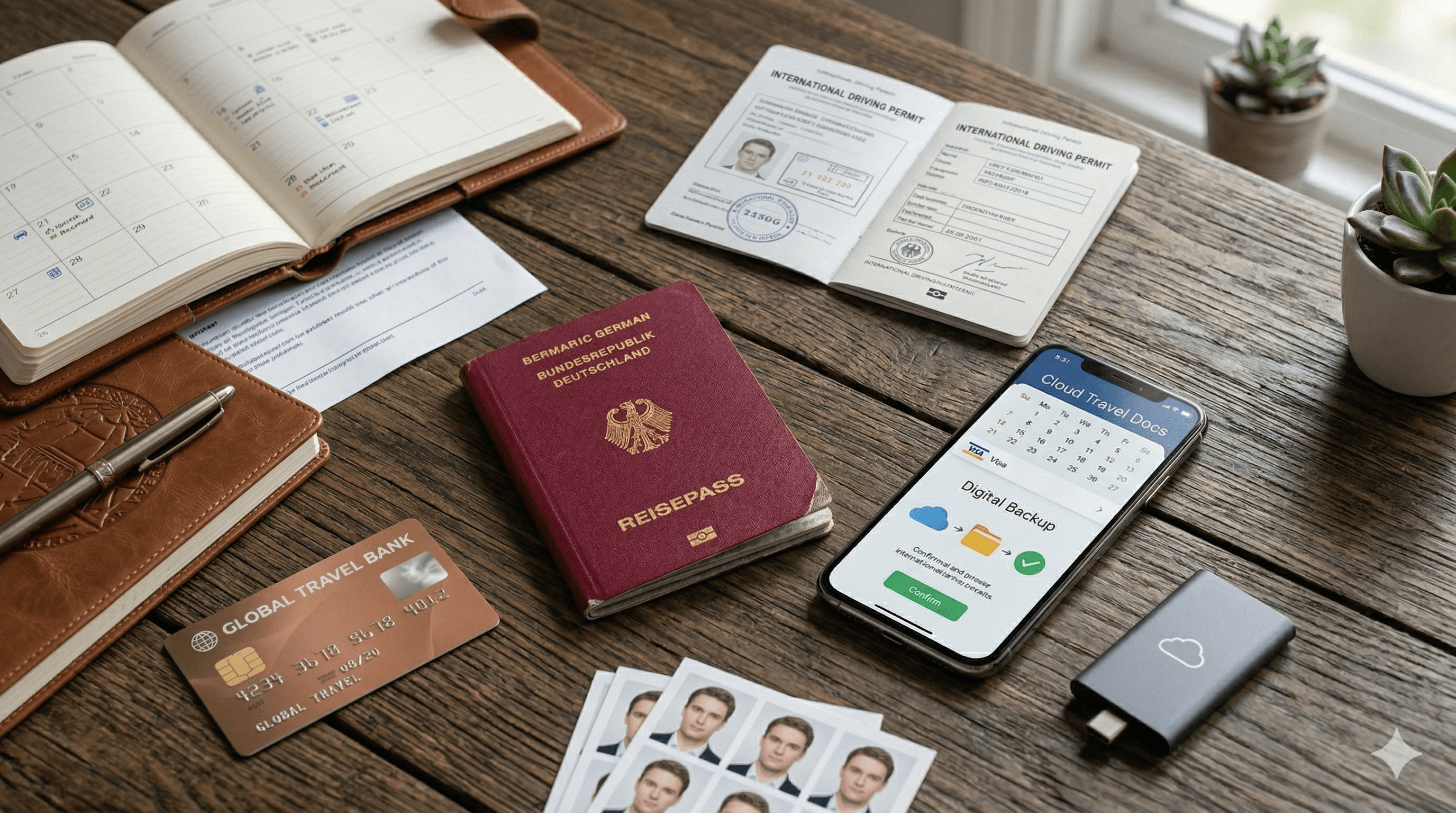 Tisch mit Dokumenten, Handy und Passfotos