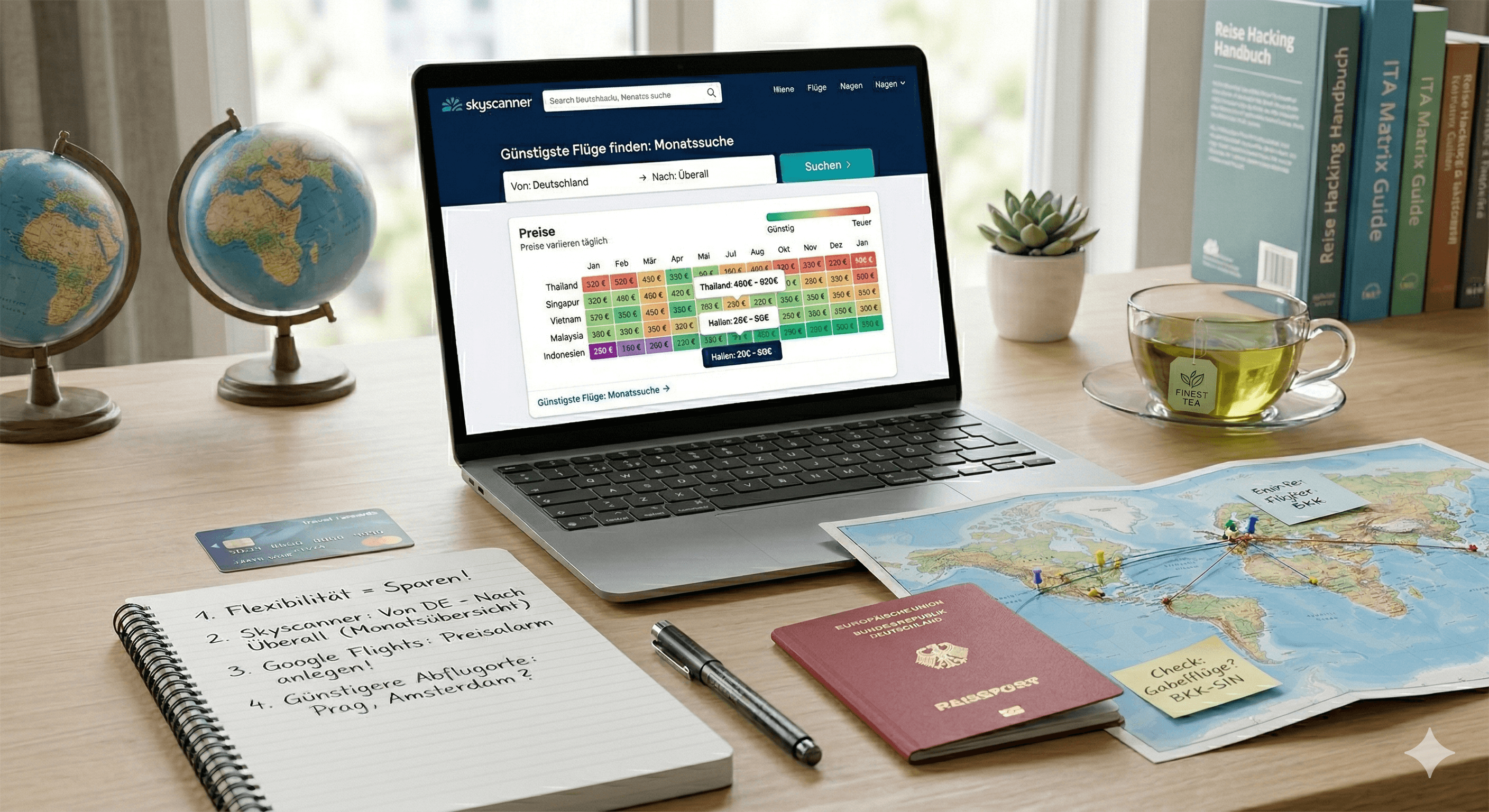 Laptop mit Flugbuchungen auf dem Schreibtisch