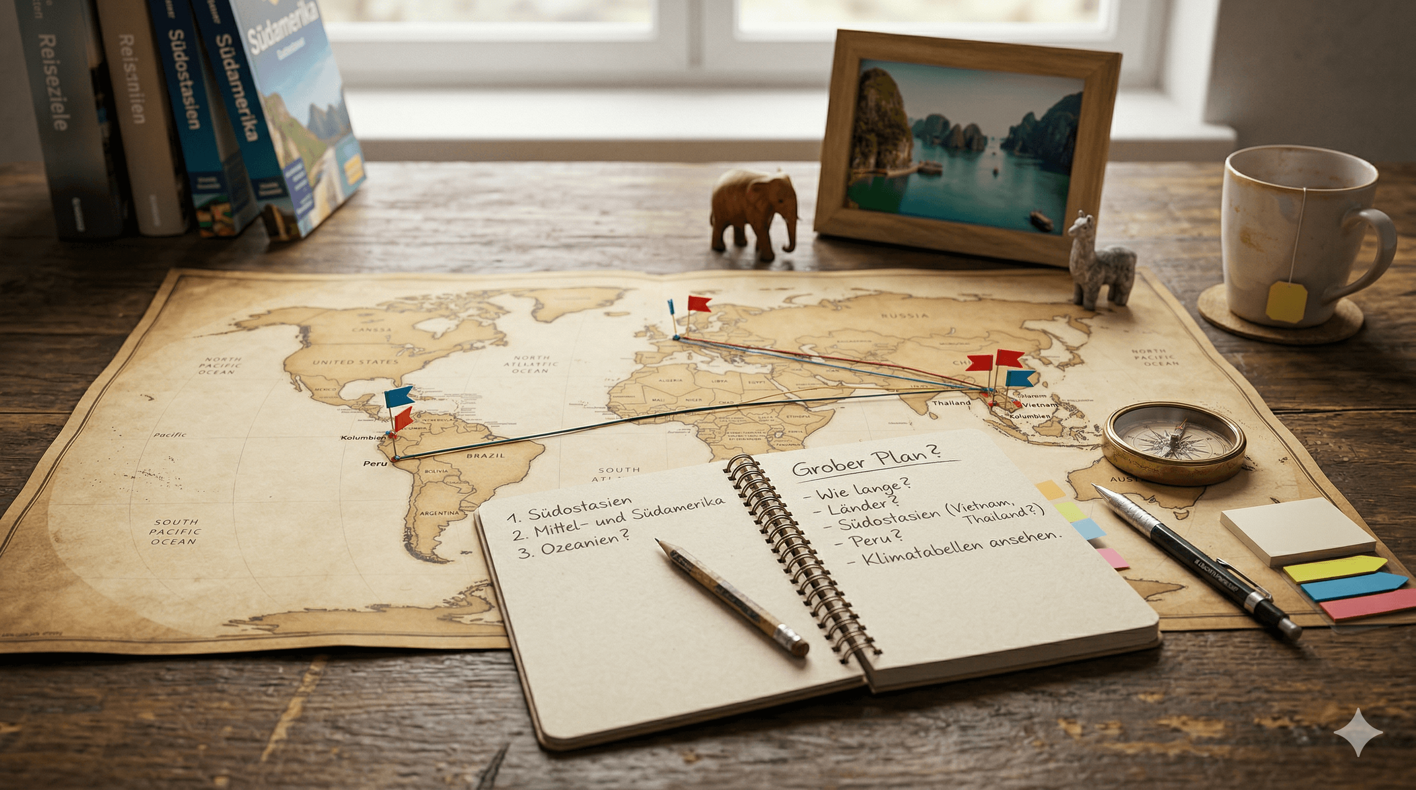 Weltkarte an der Wand und Laptop auf einem Tisch