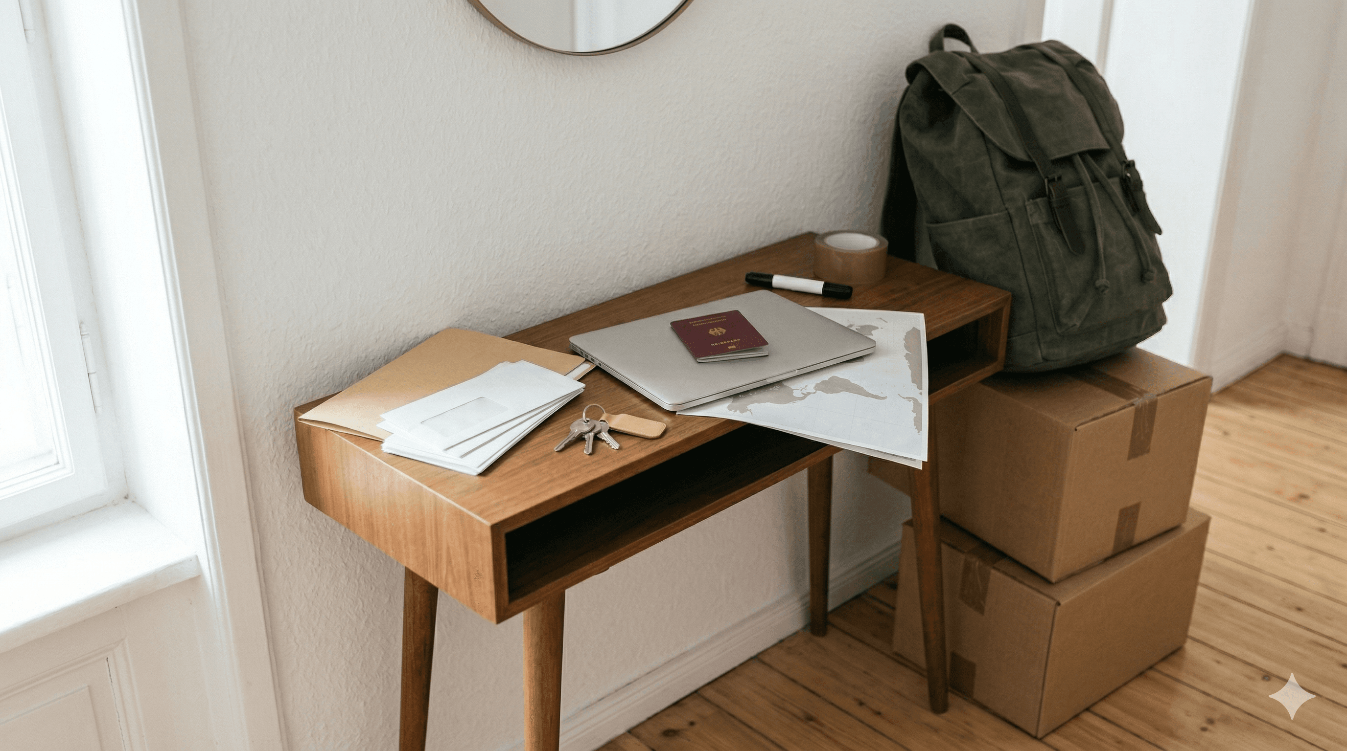 Schreibtisch mit Dokumenten, Rucksack und Kartons