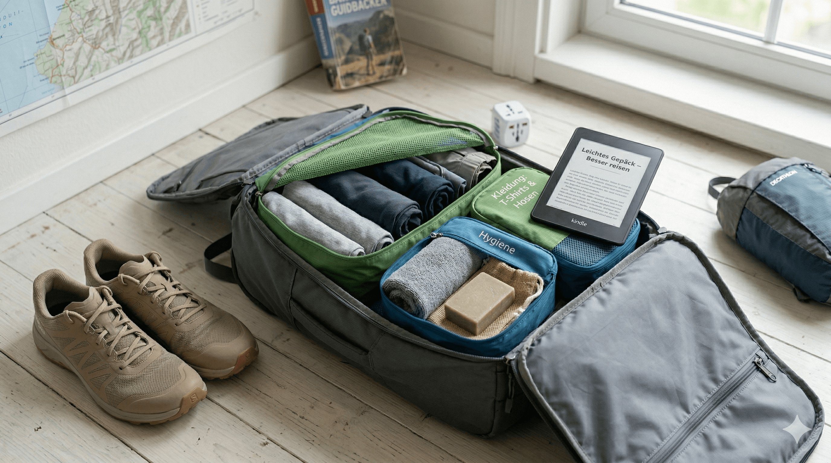 Backpack mit Packwürfeln voll mit Klamotten
