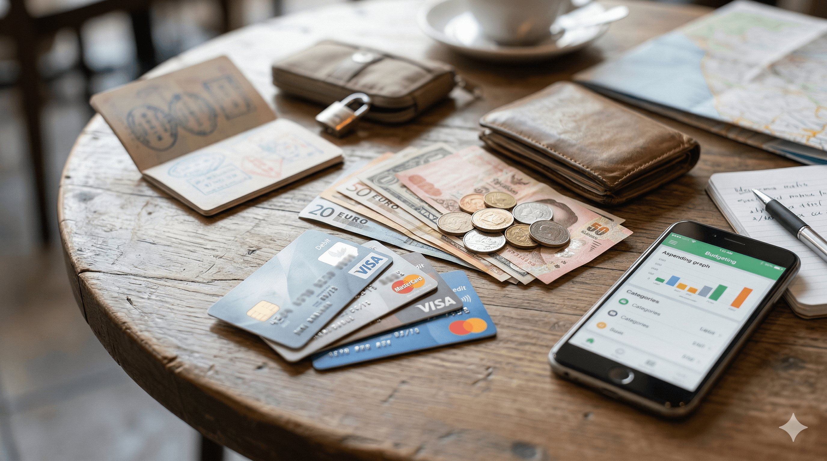 Tisch mit Kreditkarten und Geld