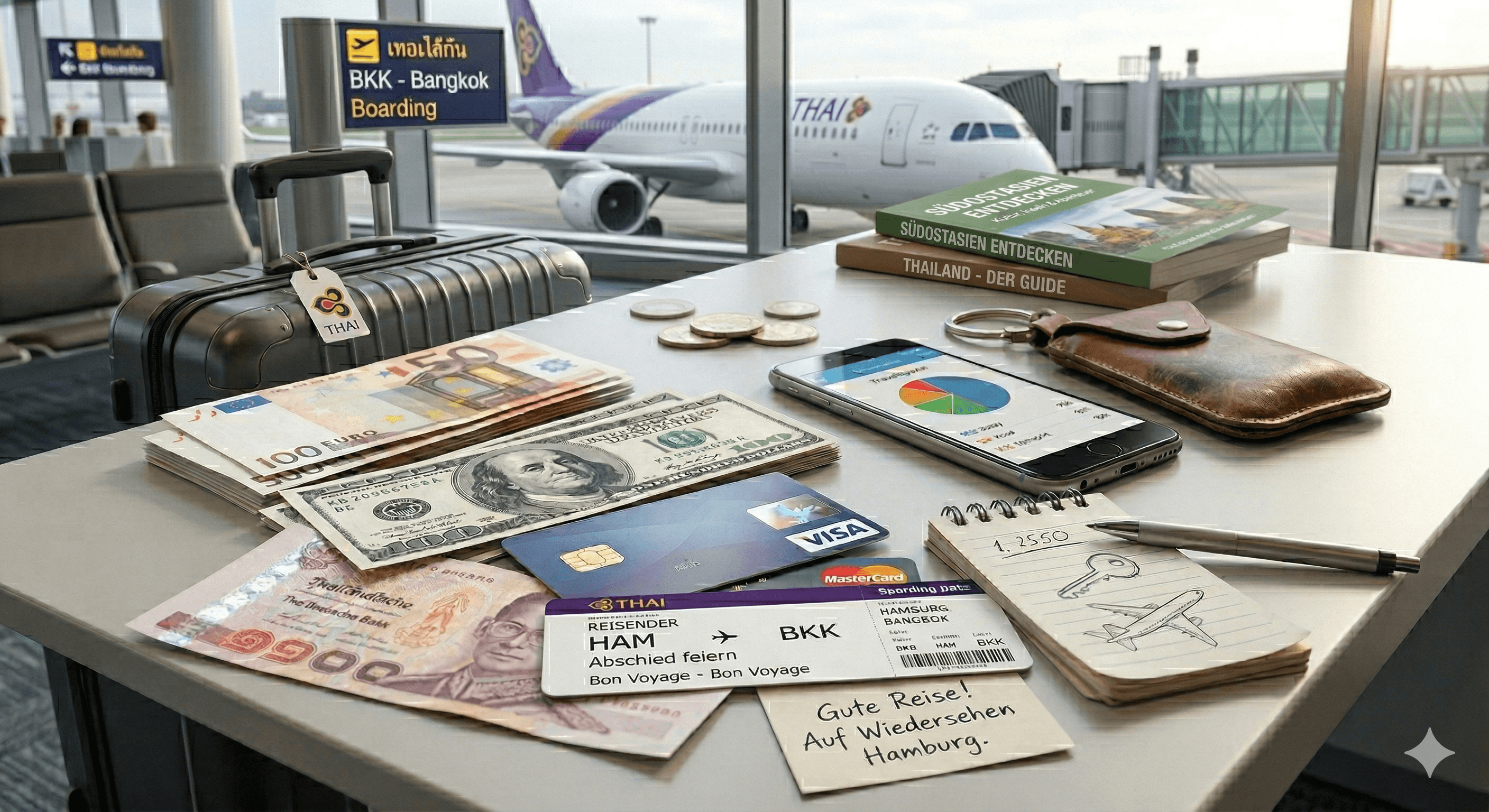 Tisch mit Büchern und Flugzeug im Hintergrund