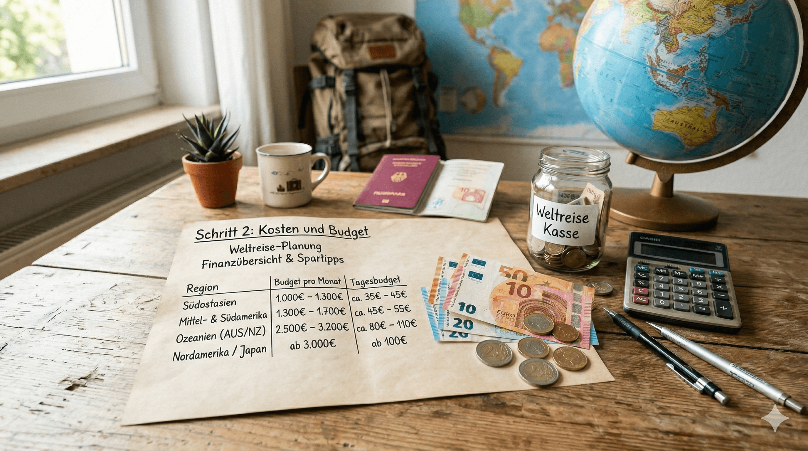 Schreibtisch mit Geld, Taschenrechner und einem Plan über die Kosten.